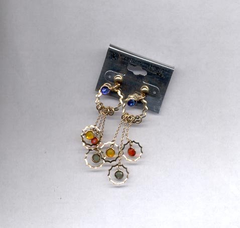 Goldtone blue, red, green dangling pierced earrings (#62)