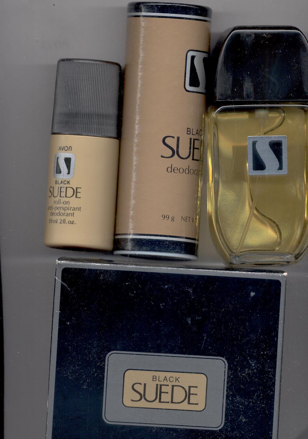 Avon Black Suede Cologne, Talc, Deodorant.
