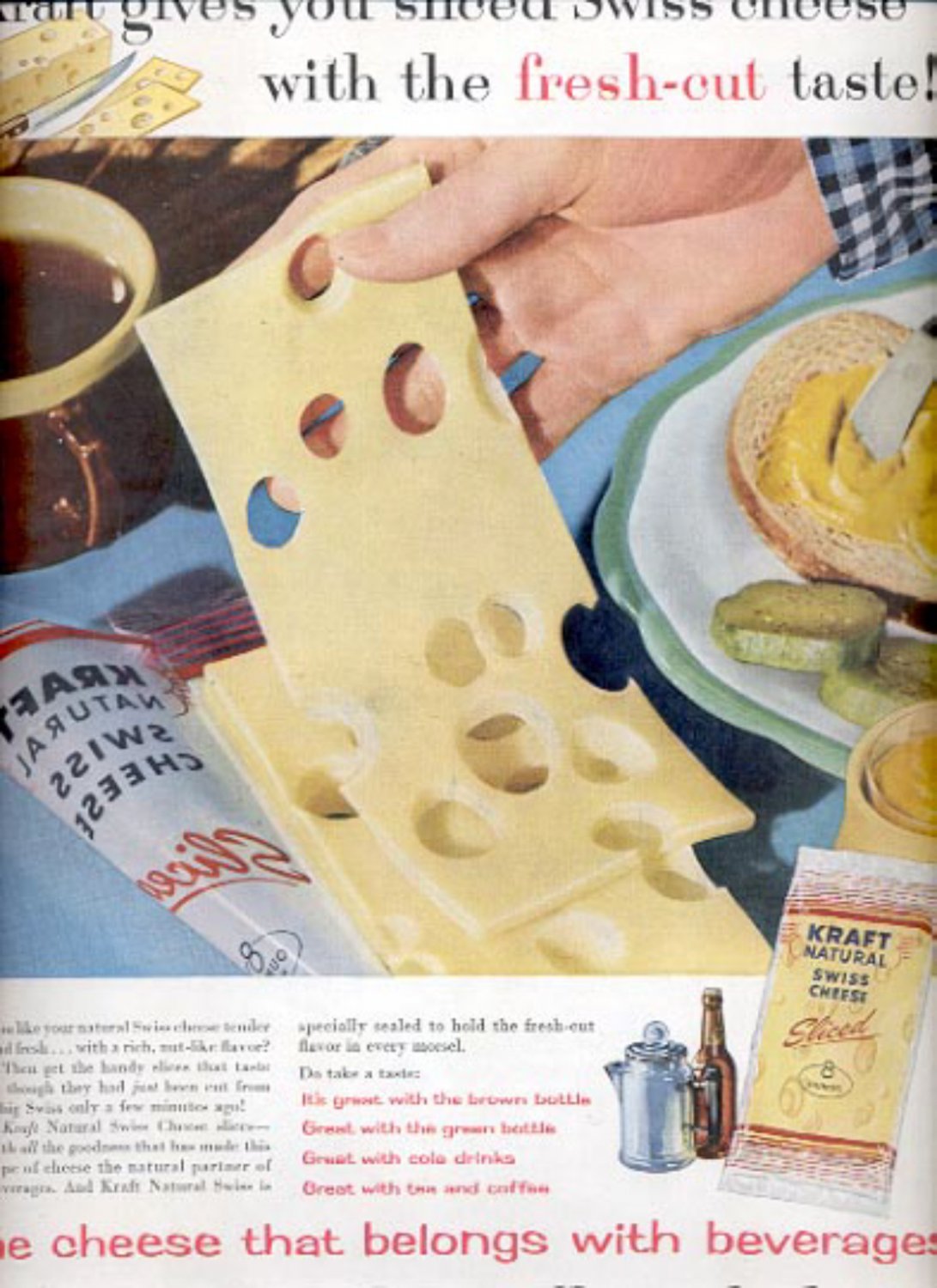 1957 Kraft Natural Swiss Cheese sliced ad (# 4959)