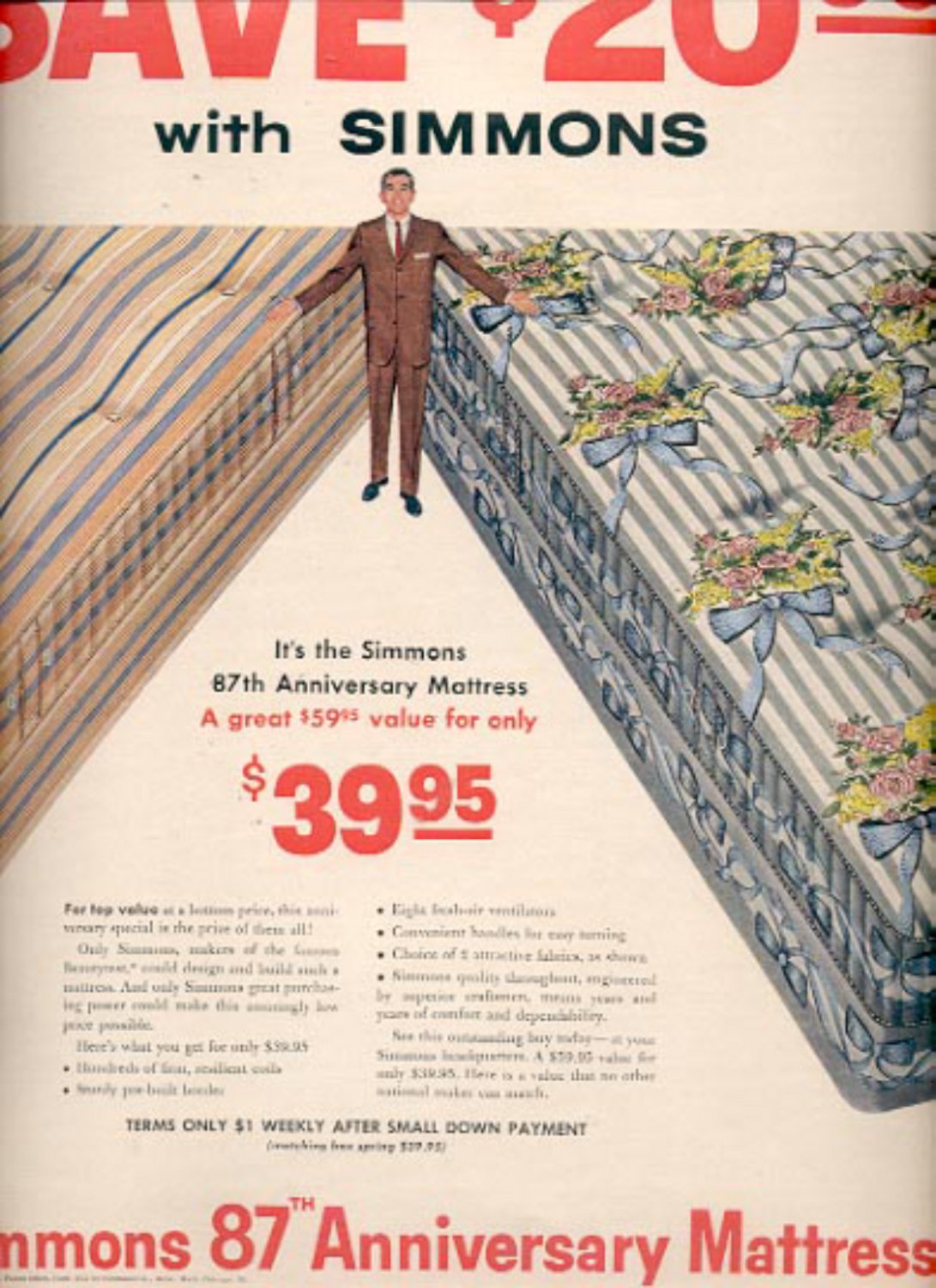 1957 Simmons 87th anniversary Mattress ad (# 4921)