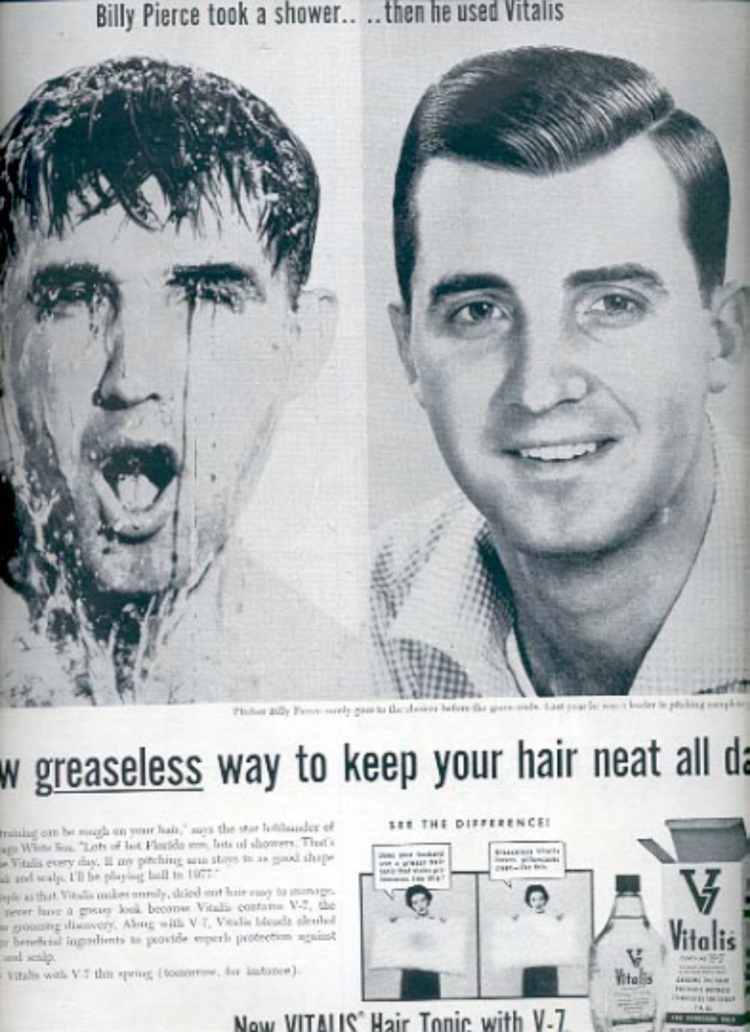 1957 New Vitalis Hair Tonic with V-7 ad (# 4967)