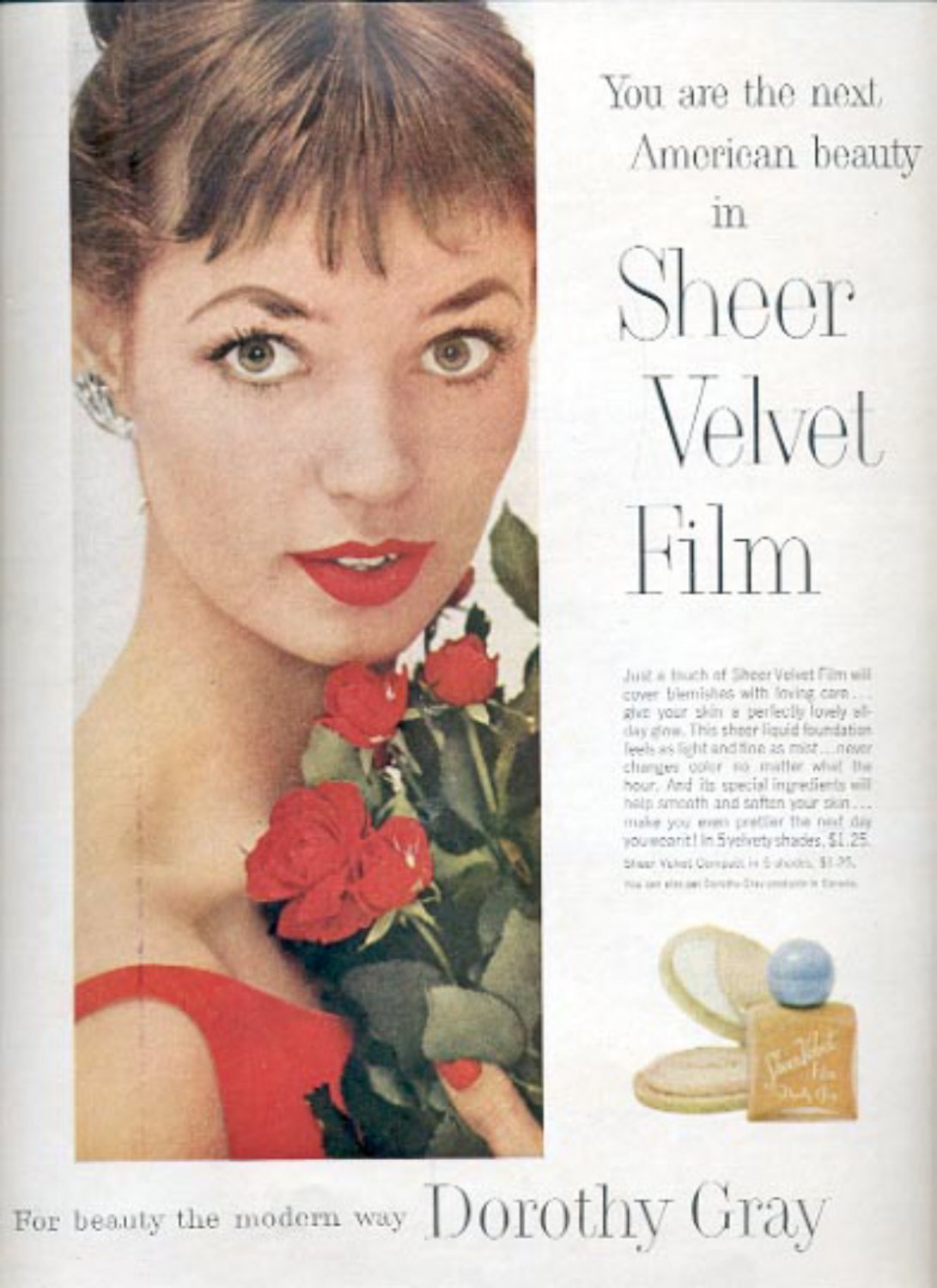 1957 Sheer Velvet Film by Dorothy Gray ad (# 4940)
