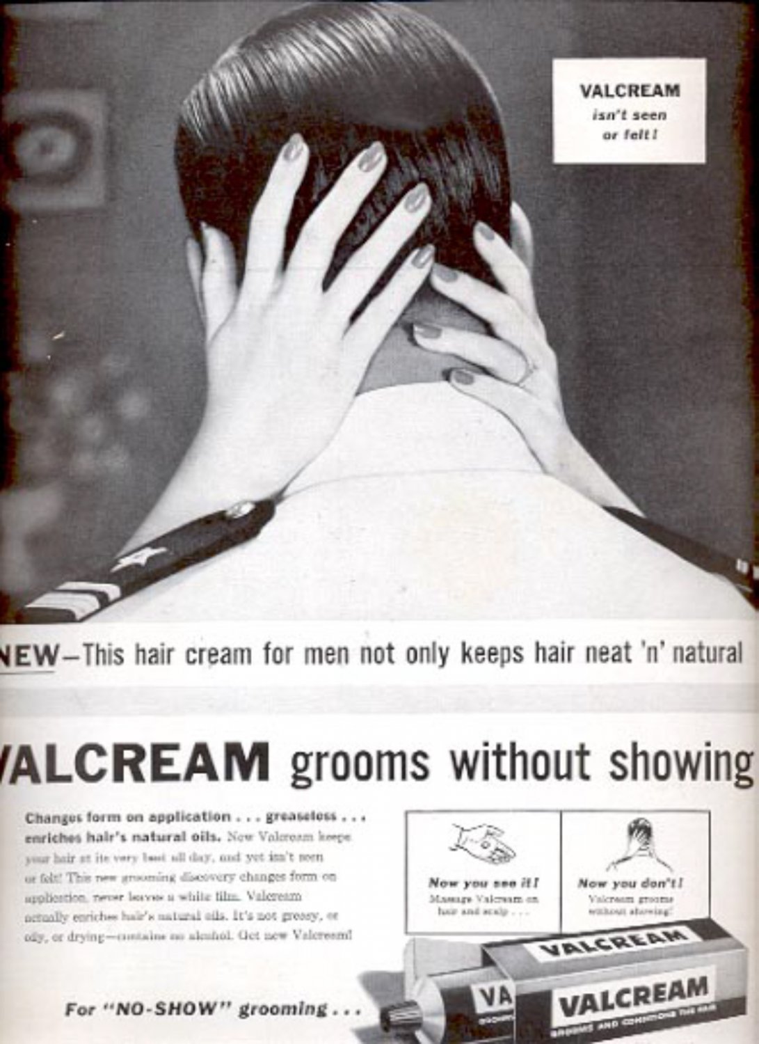 1957 Valcream grooms and conditions the hair ad (# 4920)