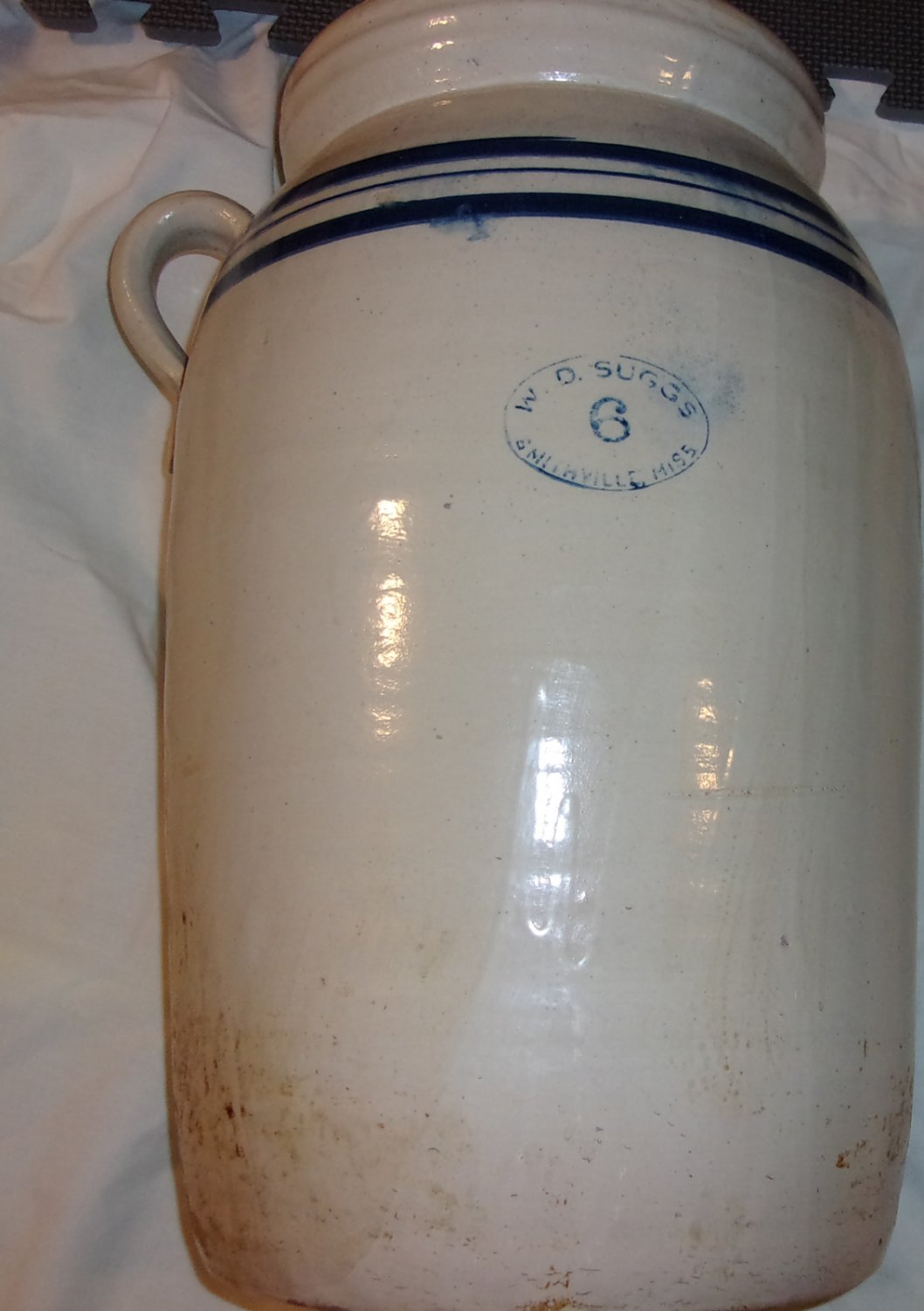 6 gallon Glazed WD Suggs Stoneware Butter Churn Crock Smithville, MS pottery