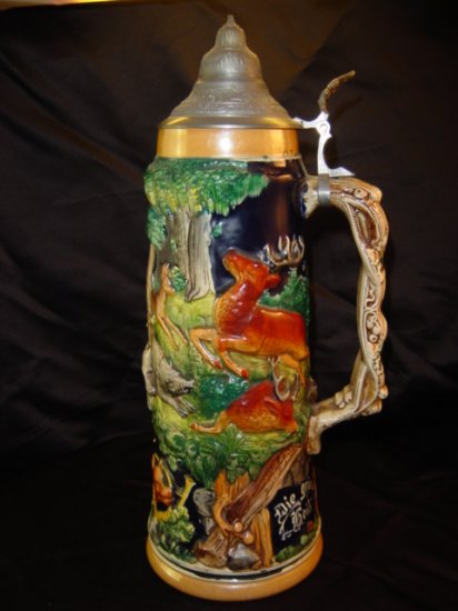 GERMAN STEIN 1032 Stag and Boar Stein Hunt Theme Stein