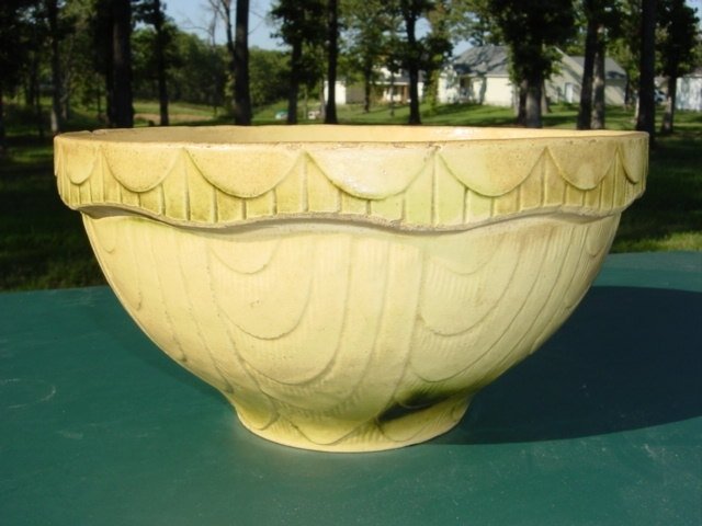 Antique Yellow Ware Green Cream Large Mixing Bowl 12"