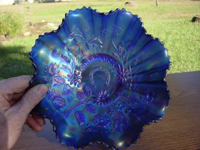 GOOD LUCK Carnival Glass Bowl Blue Irridescent Bowl