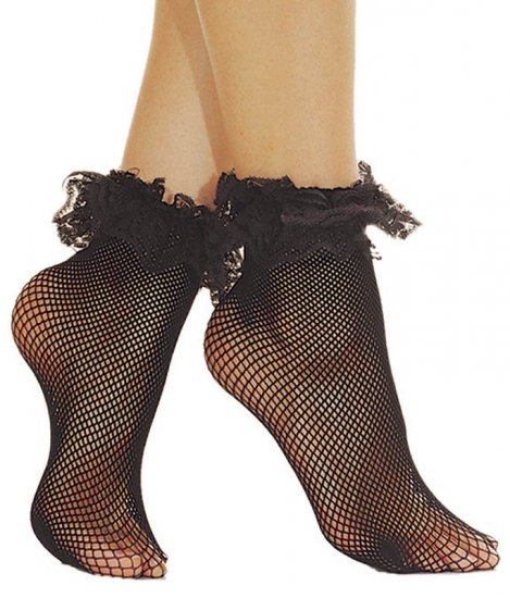 FISHNET ANKLE SOCKS WITH RUFFLE LACE TOP. . ML597 (Black)