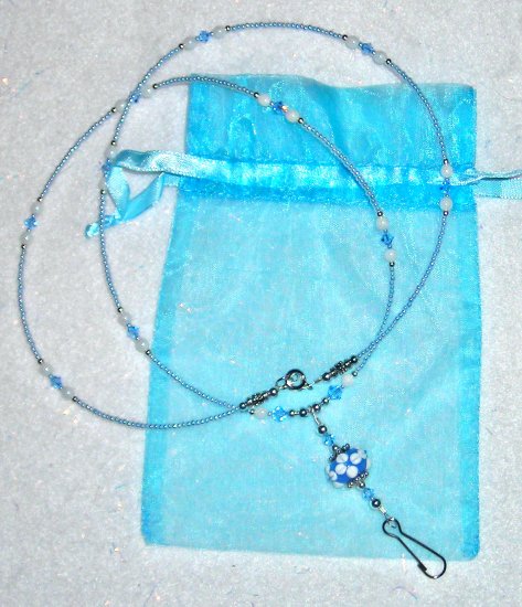 Sapphire Blue + White Lampwork ID Badge Holder Lanyard w/ Swarovski Crystals