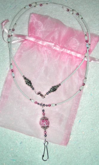 Pink + White Lampwork ID Badge Holder Lanyard w/ Swarovski Crystals
