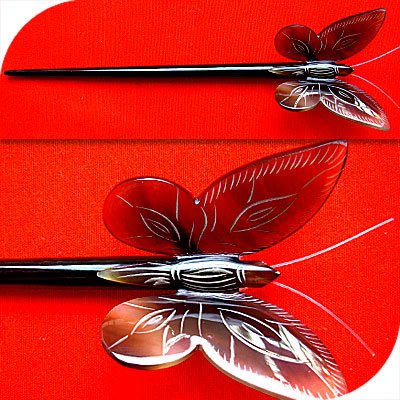 QueCraft BUTTERFLY Hair Stick / Pin HORN - Hand Carved