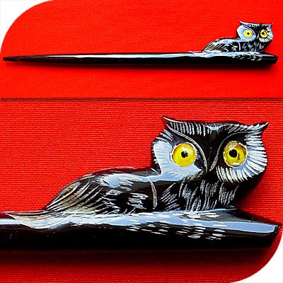 QueCraft OWL Hair Stick / Pin HORN - Hand Carved