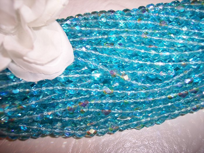 AQUA AB Czech Fire Polished 8mm Beads q.50