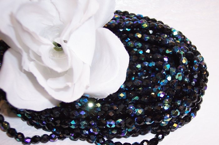 BLACK AB Czech Fire Polished 8mm Beads q. 50