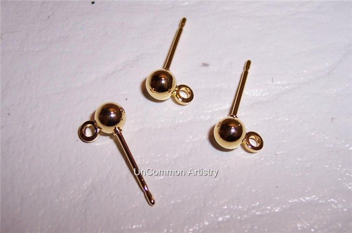 BALL EARRING POSTS w/ ring Gold Plated 4mm q.20