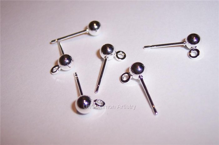 BALL EARRING POSTS w/ ring Silver Plated 4mm q.20