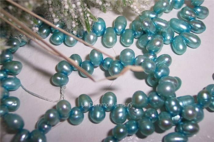 Fresh Water RICE PEARLS 6x4mm TEAL top-drilled 16" Str.