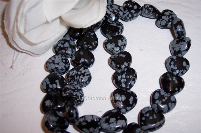 SNOWFLAKE OBSIDIAN 11mm HEART Beads 16" Strand"