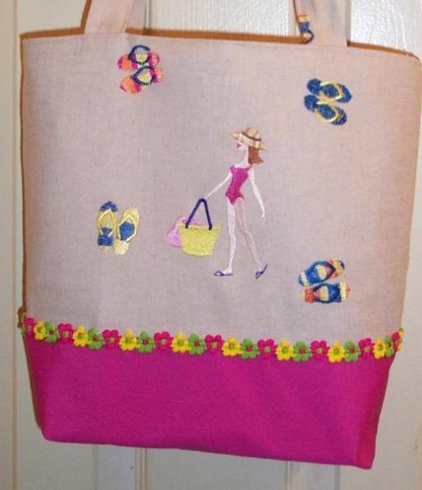 NEW EMBROIDERED BEACH BABE TOTE / HANDBAG ~ PINK TRIM