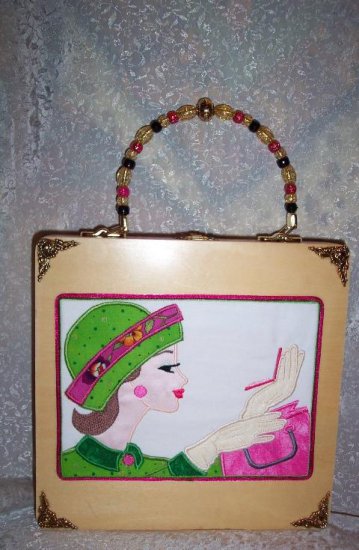 NEW RETRO EMBROIDERED SIXTIES GIRL ON A BOX PURSE