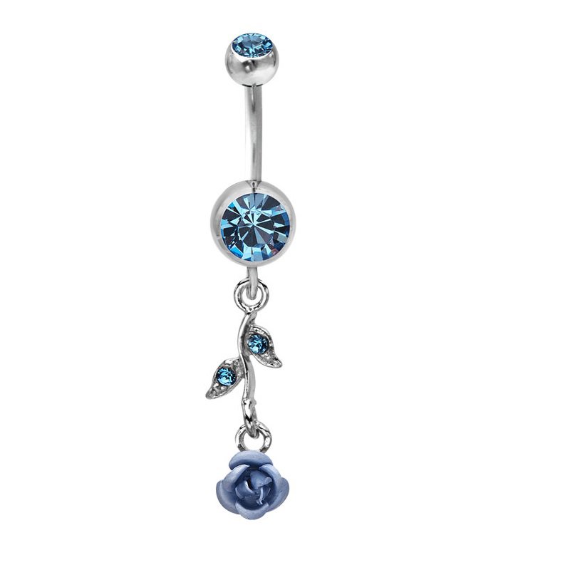Double Blue Rose w/Leaf Navel Ring