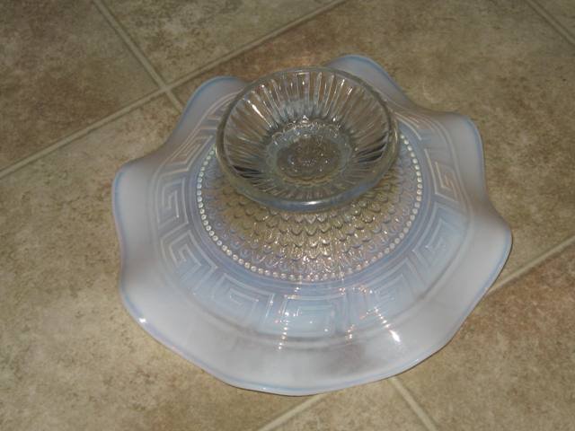 Northwood Greek Key and Scales Ruffled Edge Bowl in Opalescent White