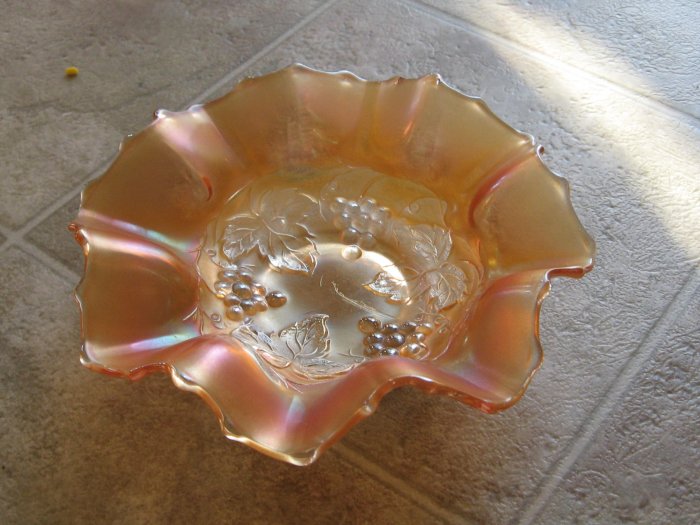 Dugan's Golden Grape Ruffled Carnival Glass Bowl in Marigold