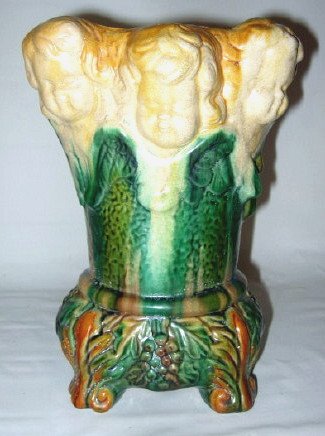 ANTIQUE MAJOLICA URN VASE CHERUB DESIGNS 1880'S