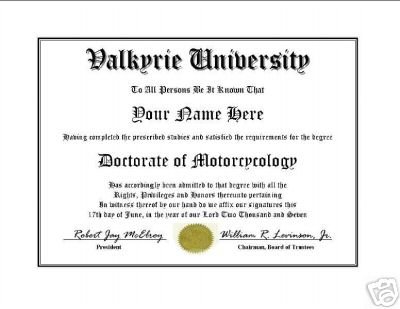 Diploma for Honda VALKYRIE motorcycle owner