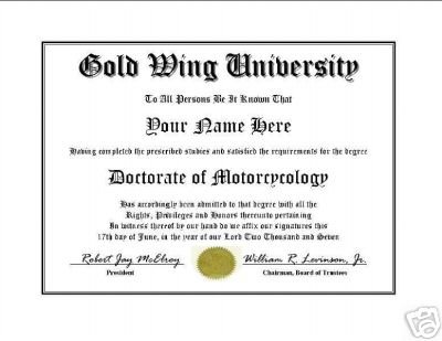 Diploma for Honda GOLD WING motorcycle owner