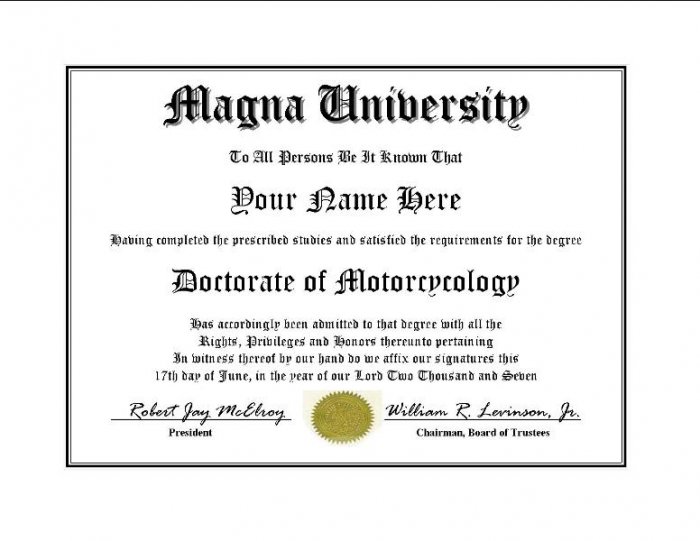 Diploma for Honda MAGNA motorcycle owner