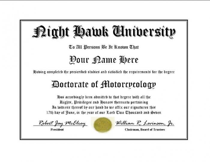 Diploma for Honda NIGHT HAWK motorcycle owner