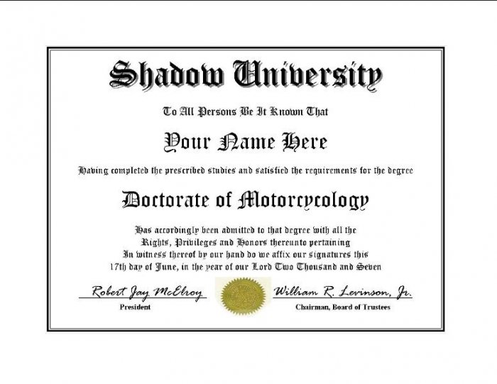 Diploma for Honda SHADOW motorcycle owner