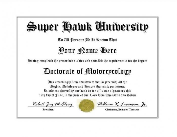 Diploma for Honda SUPER HAWK motorcycle owner