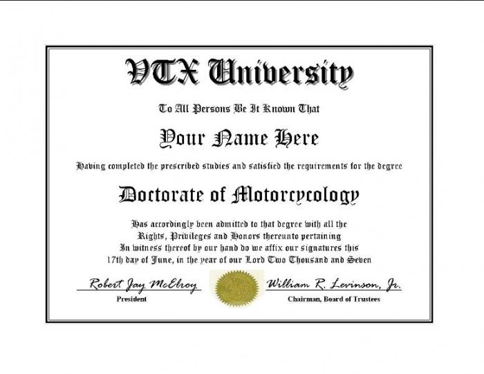 Diploma for Honda VTX motorcycle owner