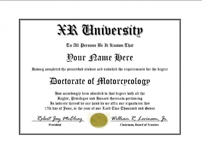 Diploma for Honda XR motorcycle owner