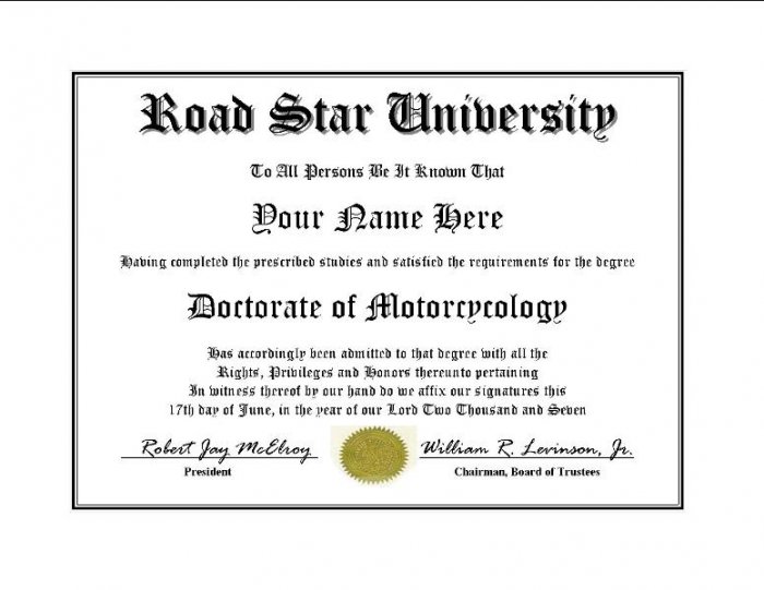 Diploma for Yamaha ROAD STAR motorcycle owner