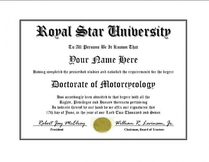 Diploma for Yamaha ROYAL STAR motorcycle owner