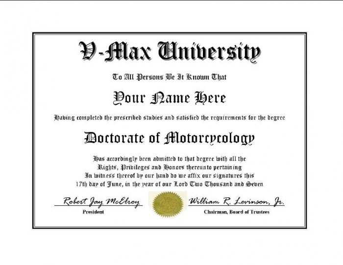 Diploma for Yamaha V MAX motorcycle owner