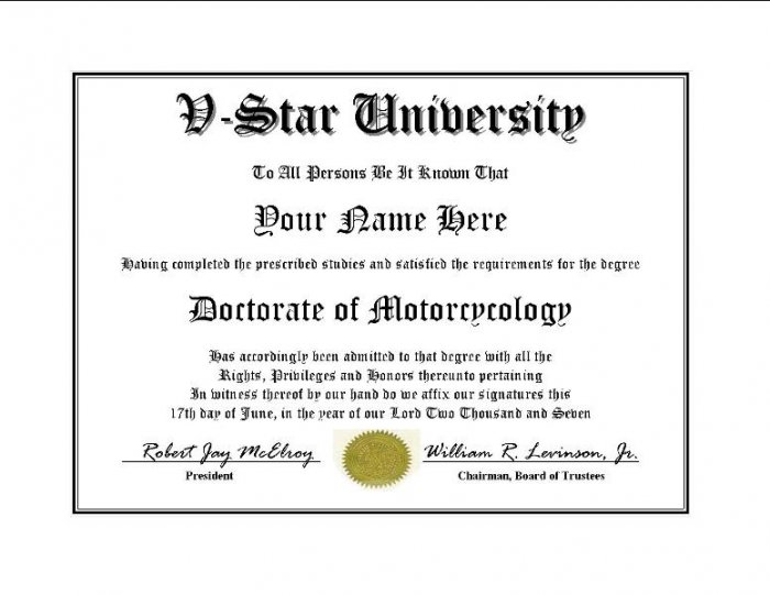 Diploma for Yamaha V STAR motorcycle owner