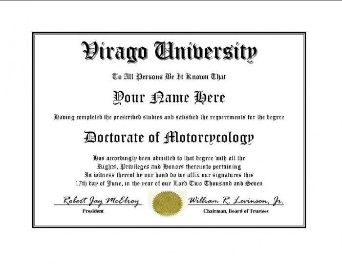 Diploma for Yamaha VIRAGO motorcycle owner