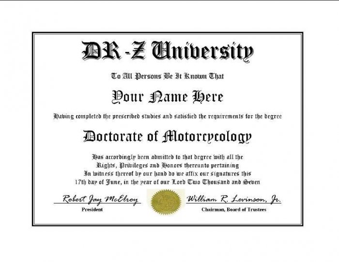 Diploma for Suzuki DR-Z motorcycle owner