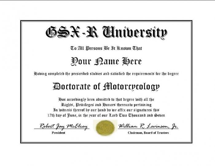 Diploma for Suzuki GSX-R motorcycle owner