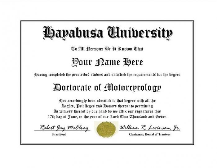 Diploma for Suzuki HAYABUSA motorcycle owner