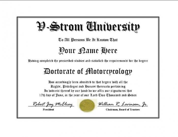 Diploma for Suzuki V STROM motorcycle owner