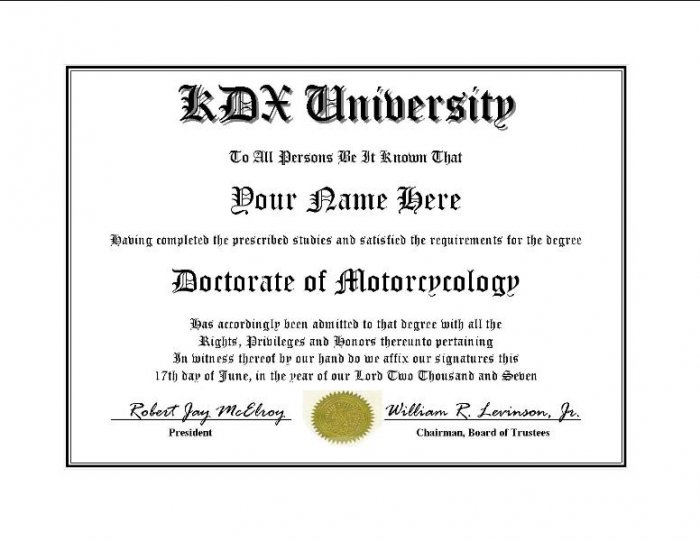 Diploma for Kawasaki KDX motorcycle owner