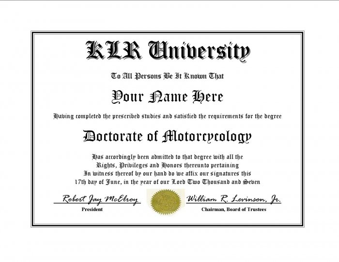 Diploma for Kawasaki KLR motorcycle owner