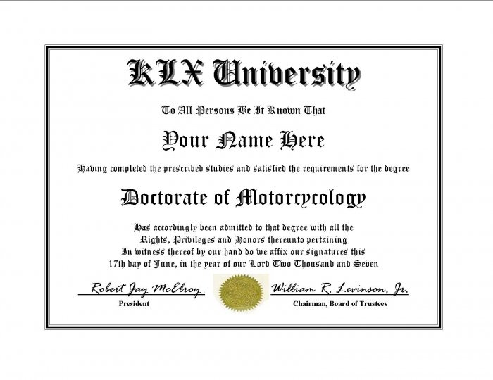 Diploma for Kawasaki KLX motorcycle owner