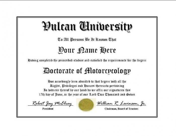 Diploma for Kawasaki VULCAN motorcycle owner