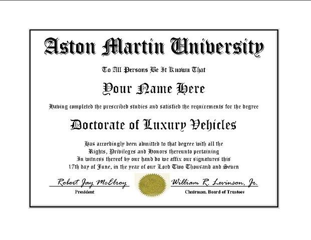 Diploma for Aston Martin luxury vehicle owner
